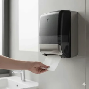 Close-up shot of an automatic hand towel dispenser with motion sensor technology for sanitary operation.