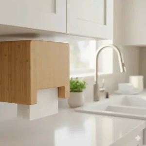 Close-up of a sleek bamboo paper towel dispenser mounted under a cabinet, perfect for kitchen use.