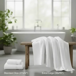 Side-by-side comparison of a standard bath towel versus an extra large bath towel 35x70 inches.