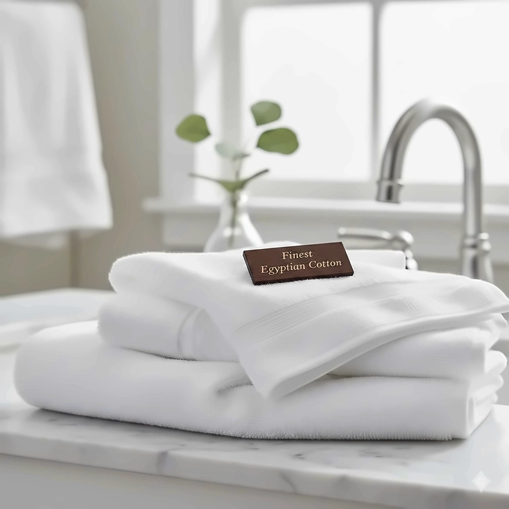 A stack of plush, white Egyptian cotton bath towels neatly folded on a marble bathroom vanity, showcasing their thick texture and premium quality. best egyptian cotton bath towels