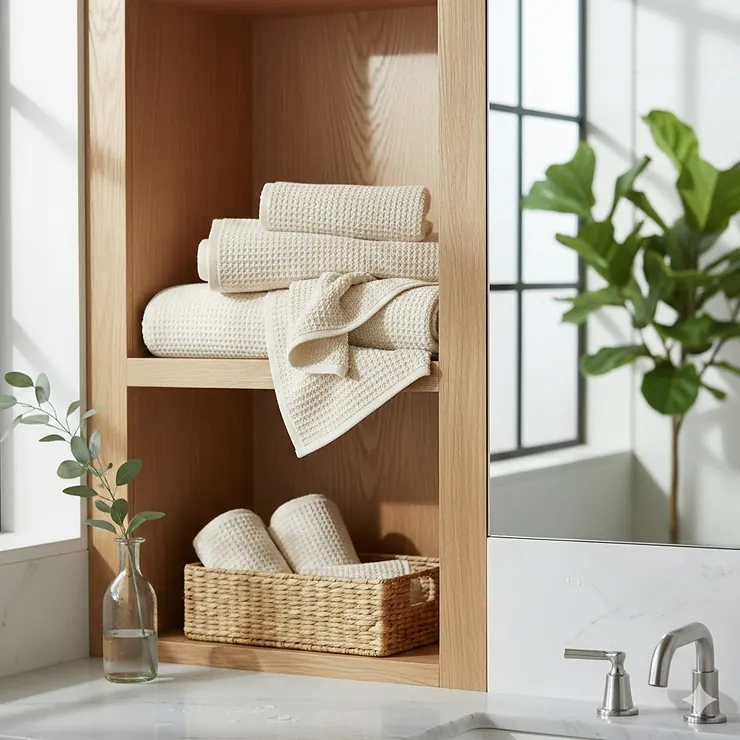 A stack of fluffy, quick drying bath towels neatly folded on a wooden shelf in a modern, spa-style bathroom.