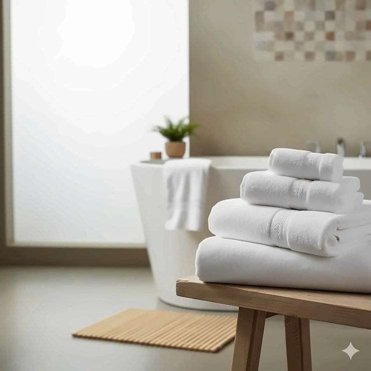 A stack of thick, white luxury Turkish cotton bath towels neatly folded on a wooden bench in a modern bathroom. best turkish cotton bath towels extra large bath towels 35x70