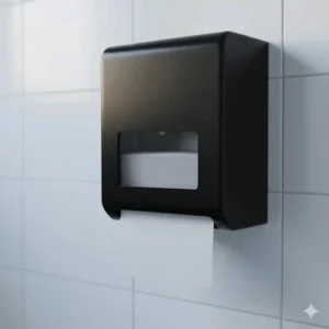 Close-up view of a sleek, black multifold paper towel dispenser made from durable ABS plastic.