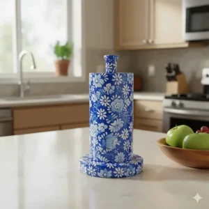 Elegant blue patterned ceramic paper towel holder with a unique painted design, perfect for adding a pop of color to the countertop.