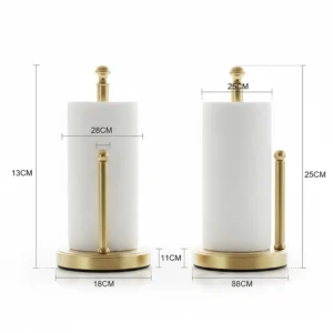Technical drawing displaying the exact measurements and dimensions of the countertop brass paper towel stand.