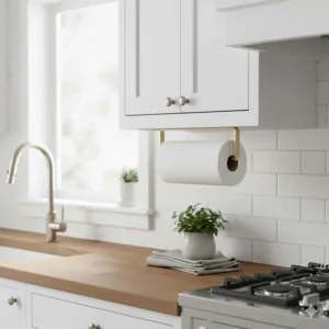 Full shot of a modern kitchen showing the brass paper towel holder as part of the overall decor.