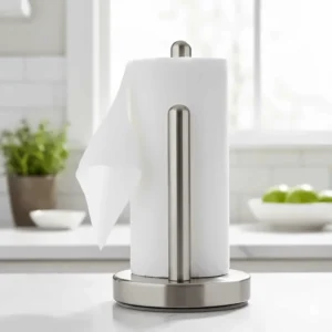 Close-up illustration of a brushed nickel Umbra paper towel holder with a weighted base.