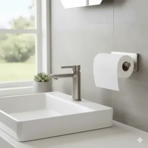 Elegant brushed steel paper towel holder displayed in a modern bathroom setting next to a hand sink for practical use.