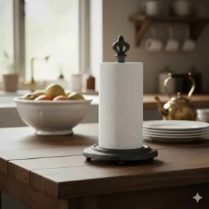 Full view of a heavy-duty cast iron countertop stand, perfect for holding paper towels in a period home.