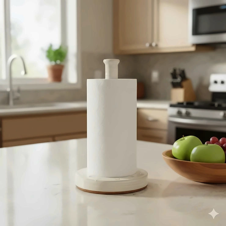 A ceramic paper towel holder standing on a kitchen counter, showcasing the simple, upright design and glossy white finish.