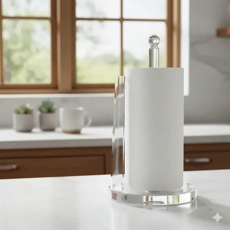 Sleek and modern clear acrylic paper towel holder standing on a kitchen countertop, holding a standard paper towel roll.