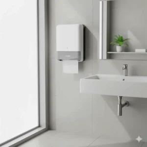 Sleek white commercial bathroom paper dispenser mounted above a sink, highlighting a clean, germ-free environment.