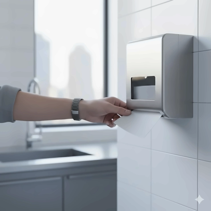 Multifold paper towel dispenser being used by a person in a high-traffic commercial setting like an office kitchen.