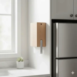 Compact wood paper towel holder designed for small spaces, demonstrating its space-saving qualities.