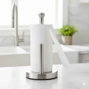 Countertop stainless steel paper towel stand with a weighted base to ensure stability on a kitchen counter.
