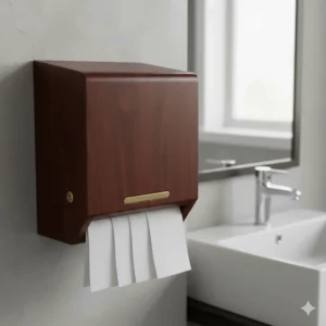 Elegant dark wood C-fold towel dispenser in a commercial restroom setting, offering a sophisticated alternative to plastic.