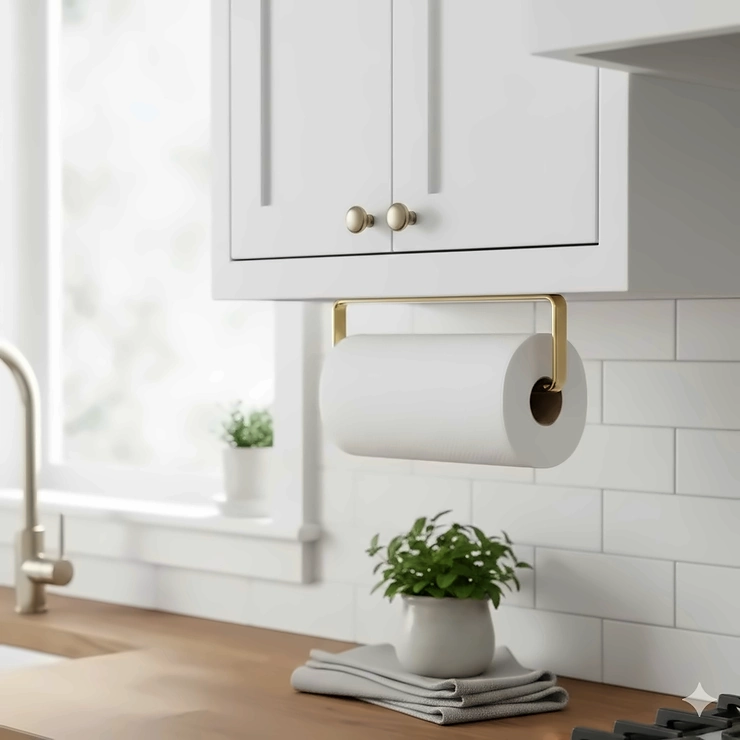 A stylish, deluxe brass paper towel holder mounted under a white kitchen cabinet, holding a roll of white paper towels.