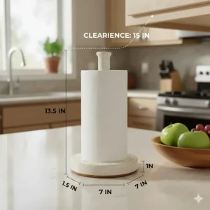 Diagram displaying the exact dimensions and scale of the ceramic paper towel holder to ensure it fits under cabinets.