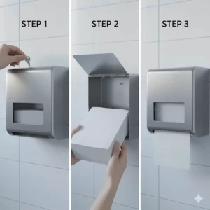 An illustration demonstrating the simple steps for refilling a multifold towel dispenser using the key access.