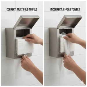 Image comparing the proper loading of multifold towels versus C-fold towels inside the dispenser for smooth operation.