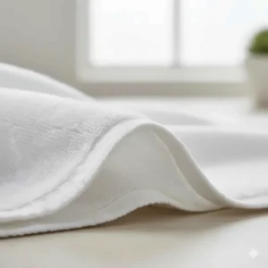 Detail of the double-stitched hems on a white extra large 35x70 bath towel for long-lasting durability.