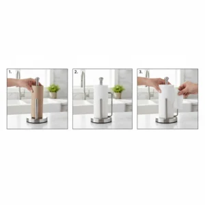 Animated GIF or image showing the simple mechanism for replacing a roll on the easy-load stainless steel paper towel holder.