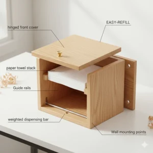 Diagram or photo illustrating the simple easy-refill mechanism of the wooden hand paper towel dispenser.