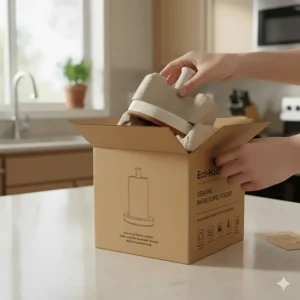 Image of the ceramic paper towel holder in its eco-friendly packaging, ready for shipping to customers.