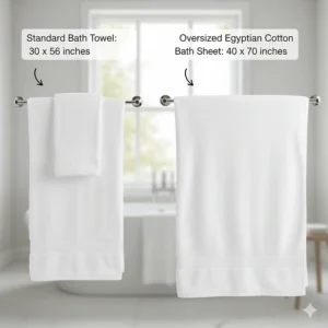 A side-by-side size comparison of a standard bath towel versus an oversized Egyptian cotton bath sheet.