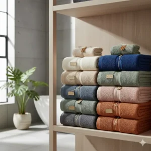 An array of luxury bath towels in various neutral and jewel tones made from authentic Egyptian cotton.