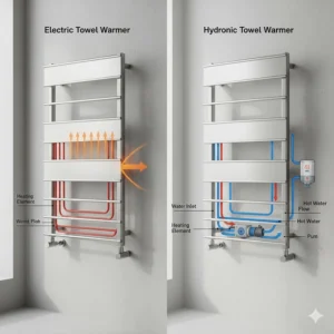 A comparison diagram showing the internal heating elements of electric and hydronic hot towel warmers.