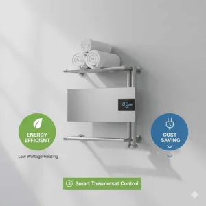 An infographic highlighting the energy-saving benefits and low wattage of a modern hot towel warmer.