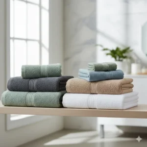 A stack of extra large bath towels 35x70 available in various modern bathroom colors.
