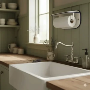 An enamel antique paper towel holder styled in a farmhouse kitchen setting next to a white ceramic sink.