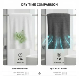 An infographic showing a quick drying bath towel fully dry in 30 minutes versus a standard towel taking several hours.