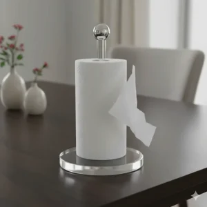 Elegant freestanding acrylic paper towel holder with a weighted base for stable, one-handed tearing in a dining area.