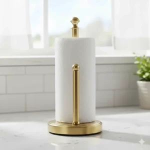 A classic freestanding brass paper towel holder sitting on a granite kitchen countertop.