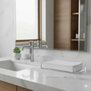 Low-profile acrylic guest hand towel holder tray holding disposable paper towels on a bathroom vanity.