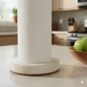 Close-up shot of the handmade ceramic paper towel holder texture, highlighting the unique, artisanal surface and sturdy base.