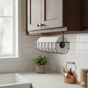 An antique-style bronze wire rack designed to hold paper towels under a kitchen cabinet.