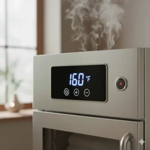 Close-up of the digital control panel and power switch on a high-end hot towel cabinet.