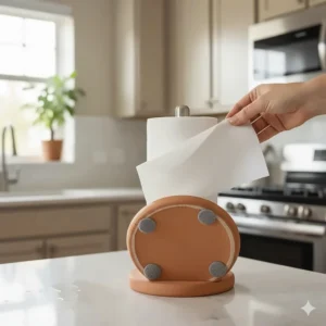 Illustration showing how to easily load a standard paper towel roll onto the vertical post of the ceramic paper towel holder.