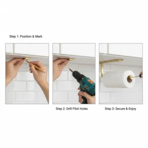 Step-by-step diagram showing how to easily install the under-cabinet brass paper towel holder.