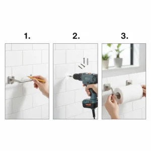 Simple, easy-to-follow steps for installing the stainless steel paper towel holder using included screws and anchors.