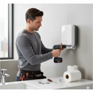 A facilities manager easily installing a compact touchless dispenser in a high-traffic area.