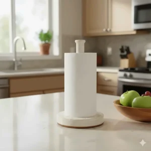 Modern kitchen interior featuring the decorative ceramic paper towel holder holding a roll of paper towels next to a fruit bowl.