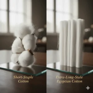 A detailed view comparing short-staple cotton to the extra-long-staple fibers found in the best Egyptian cotton bath towels.