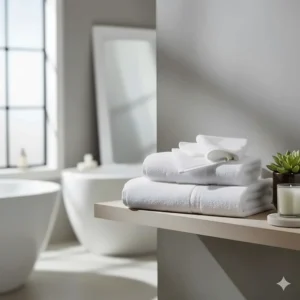 Oversized extra large bath towels 35x70 neatly folded on a modern wooden bathroom shelf.