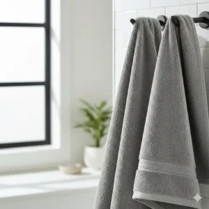 A plush grey Turkish cotton towel hanging elegantly on a bathroom hook to show drape and loft.