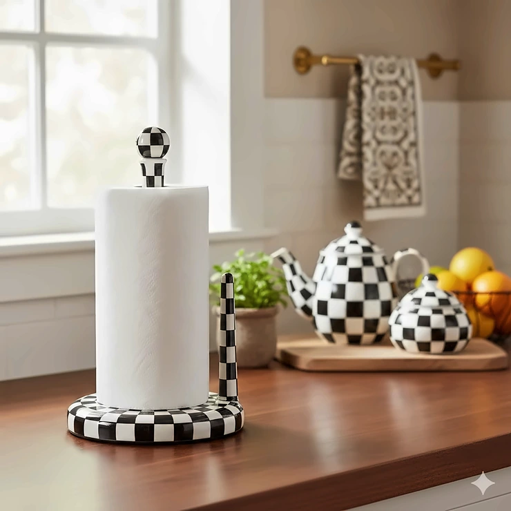 Mackenzie-Childs Courtly Check enamel paper towel holder on a kitchen counter, showcasing the iconic black and white pattern. mackenzie childs paper towel holder